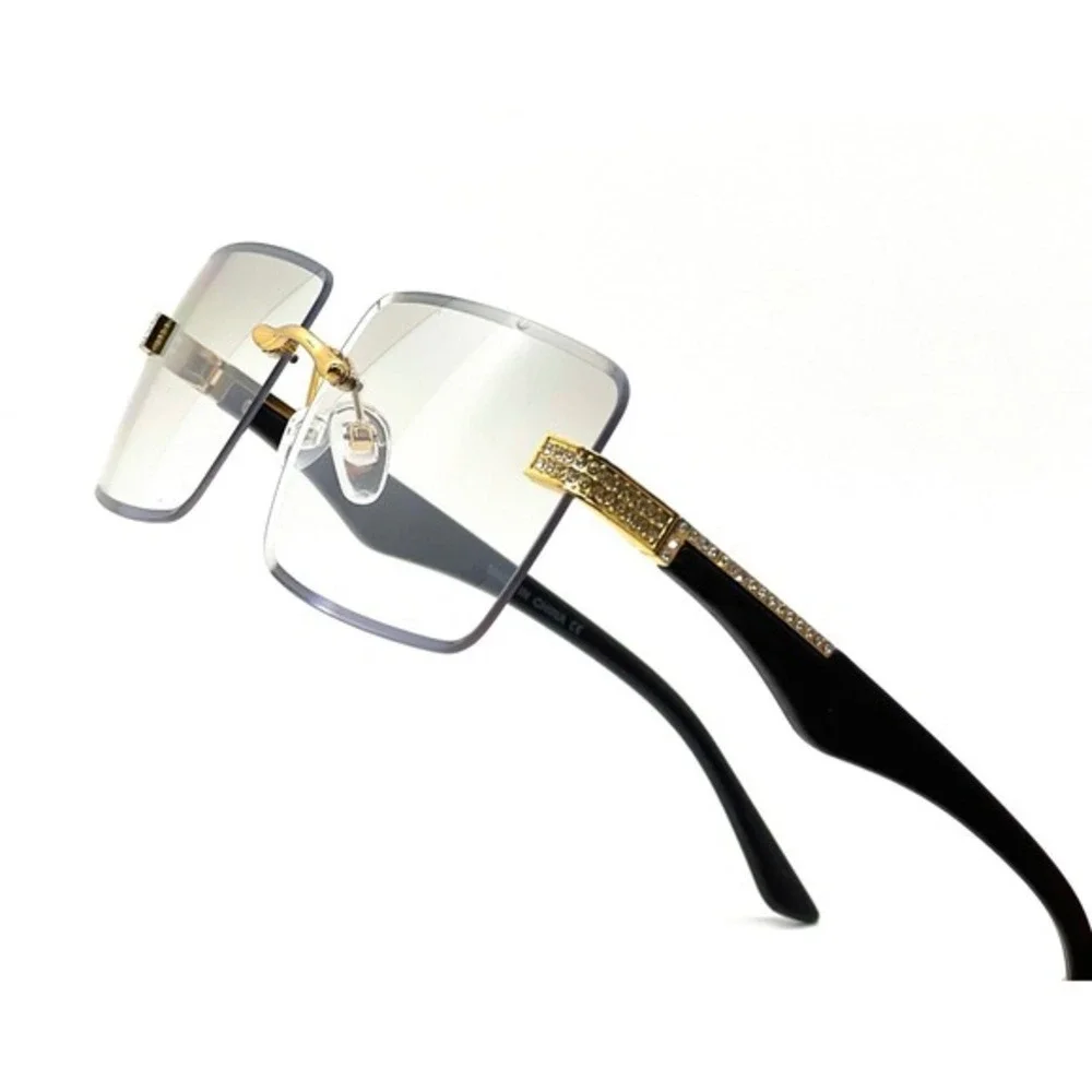 Frameless Square Sunglasses Women Gold Frame Clear Lens Eyewear Rhinestone Gafas